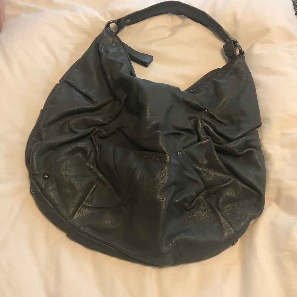 KENNETH COLE gray leather & gun metal studded bag